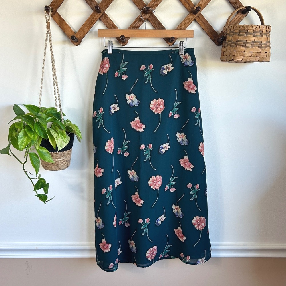 Norton McNaughton Petite Vintage Teal Floral Maxi Skirt Side Slit Gardencore